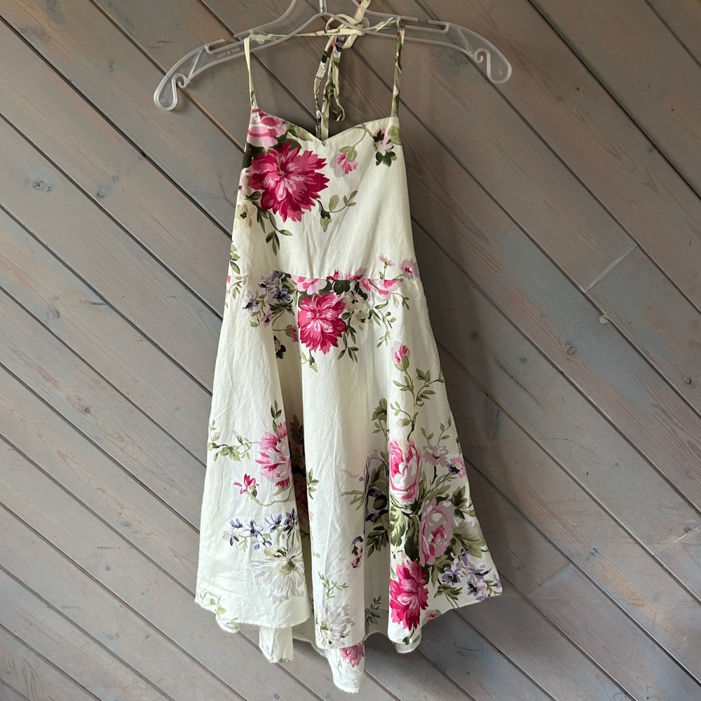 Hofallzigua Kids Floral Halter Sundress Pink Green Cream Smocked Back Size 7